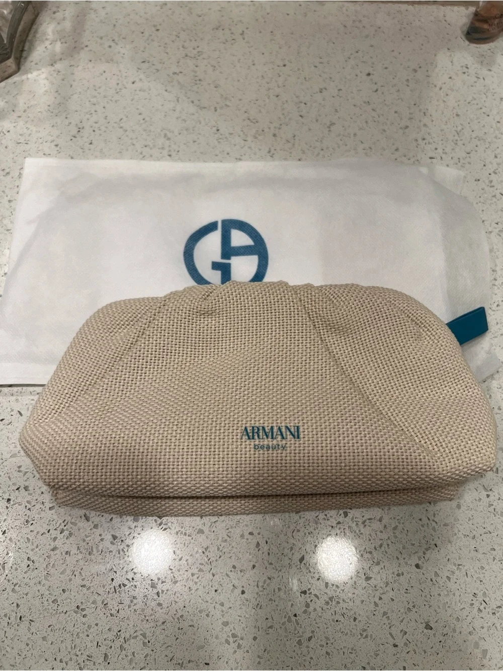 Giorgio Armani Beige Canvas Cosmetic Pouch with Blue Logo